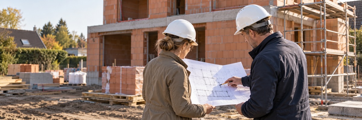 Architect en ingenieur bekijken plannen op de werf